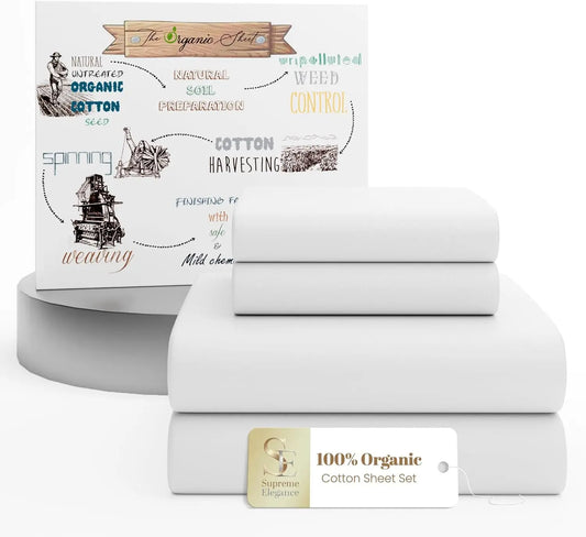 100% Organic Cotton Twin Sheet Set, 16" Deep Pocket, White - Breathable & Cooling Percale Bed Sheets
