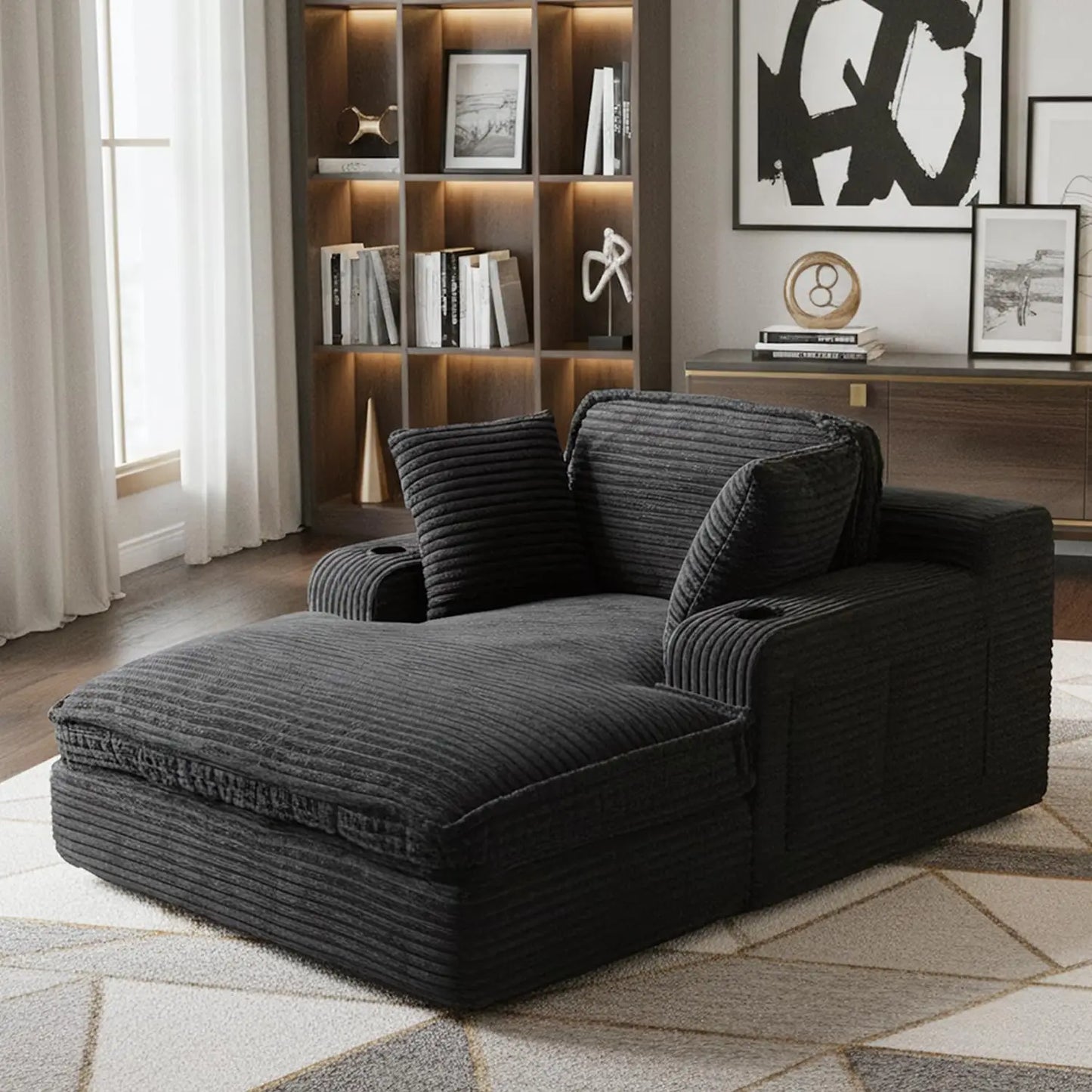 67" Oversized Chaise Lounge Chair Indoor, Soft Boneless Cloud Couch with 3 Pillows, 4 Side Pockets and 2 Cup, Customized