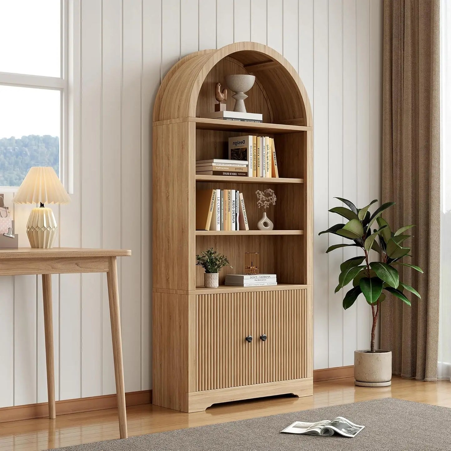 Arched Bookcase With Storage Door Included Six Tier Freestanding Cabinet
