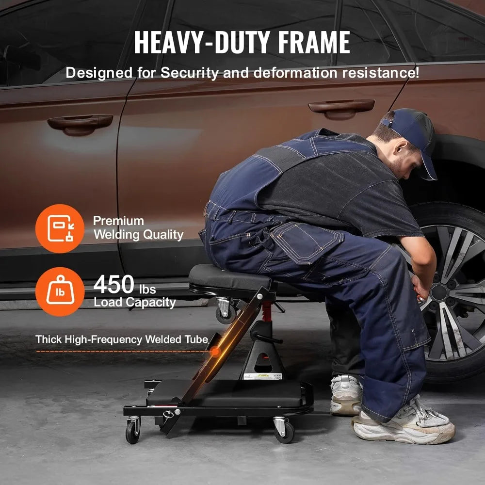 Foldable Garage Creeper 40in, 450lbs Capacity, 6 Wheels Padded Seat Steel Frame, Mechanics Stool for Shop Home