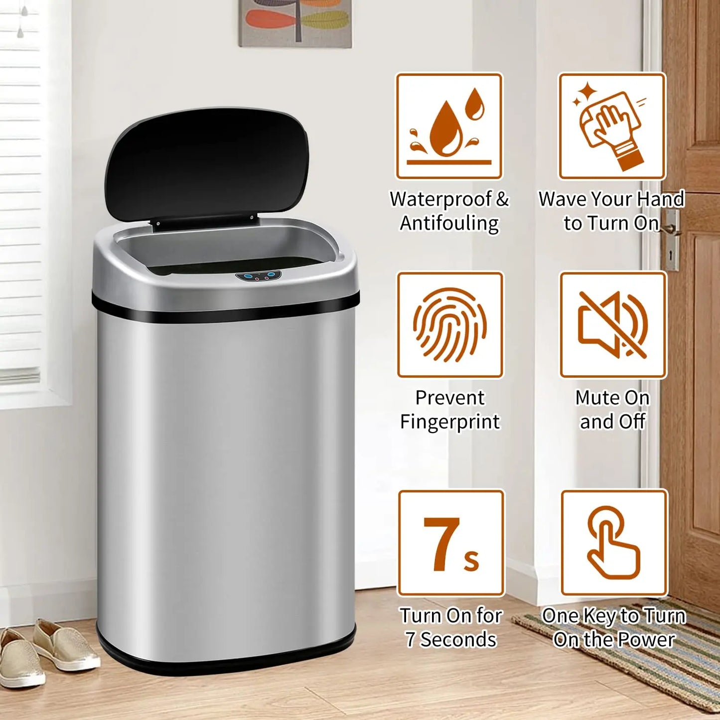 Stainless Steel Touchless Trash Can With Motion Sensor