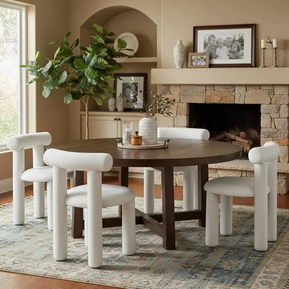 Modern White Boucle Dining Chairs Set of 2, Sherpa Upholstered Armless Barrel Back Kitchen Living Room Chairs