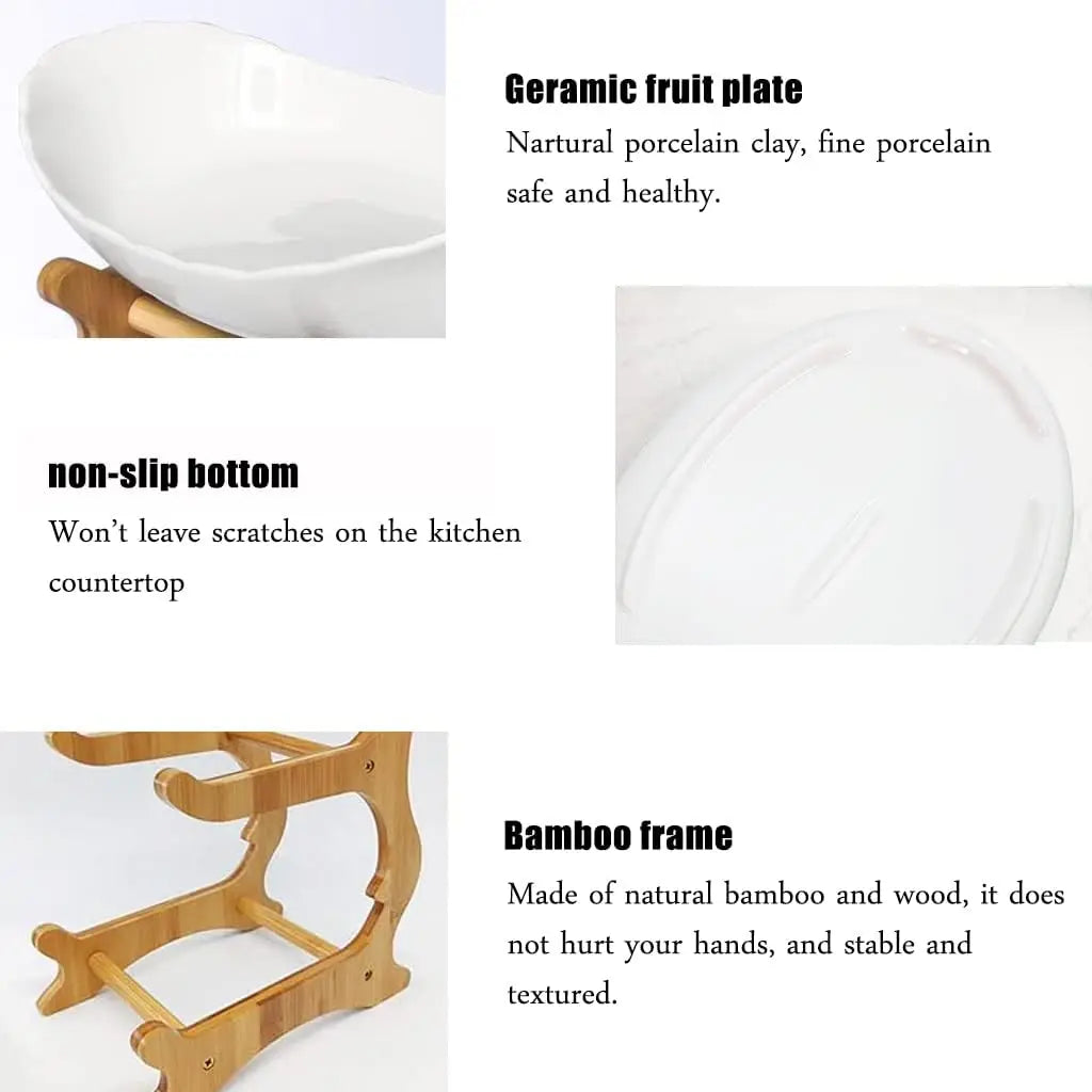 2-Tier Ceramic Fruit Bowl With Bamboo Stand For Kitchen Wedding
