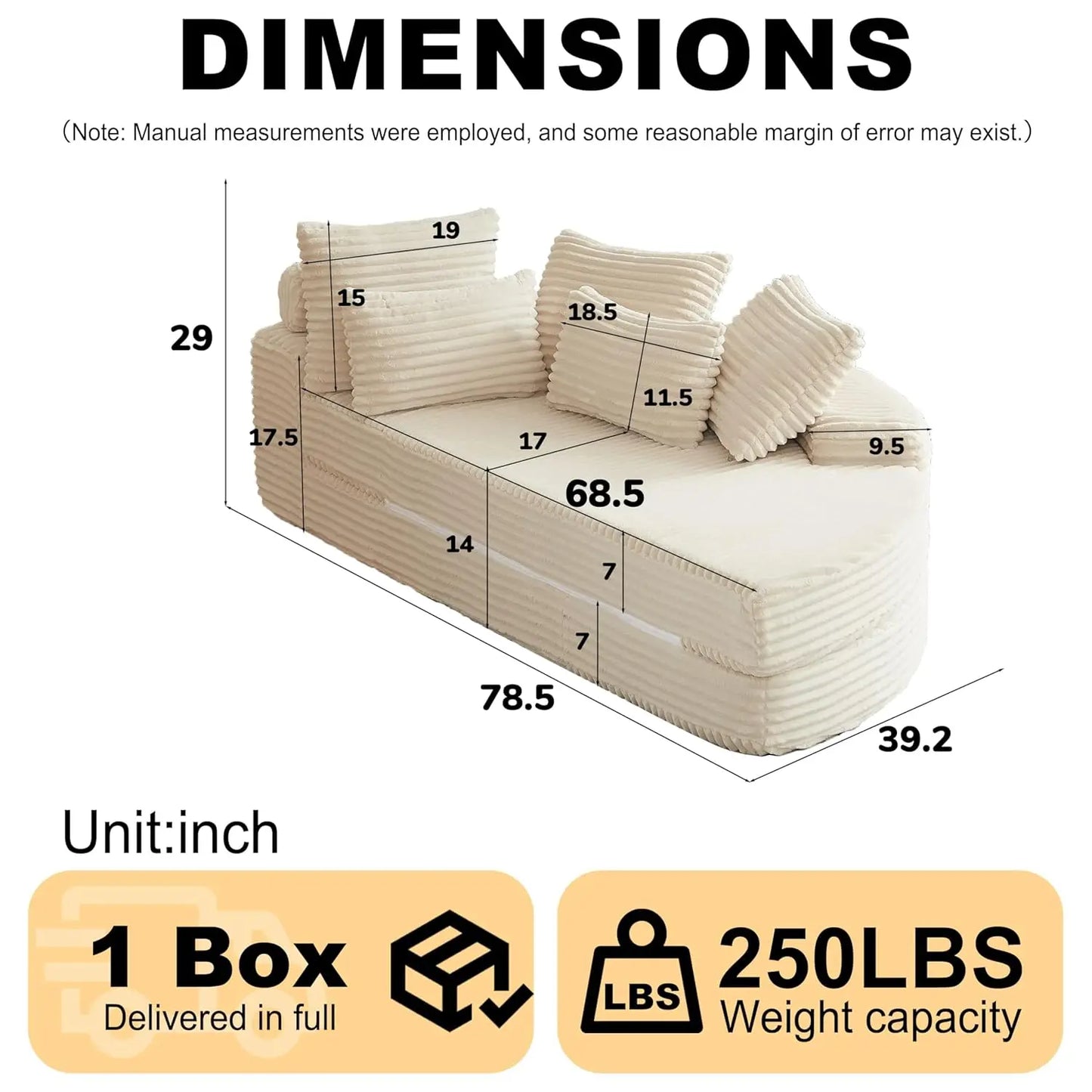 78.5”Folding Curved Chaise Lounge Chair Indoor, Modern Upholstered Lazy Corduroy Half Moon 2-in-1 Couch, 5 Neck, Customized