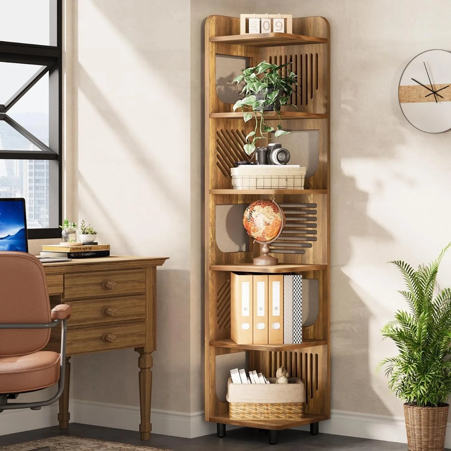 6-Tier Tall Corner Shelf Freestanding Bookcase Rustic Style