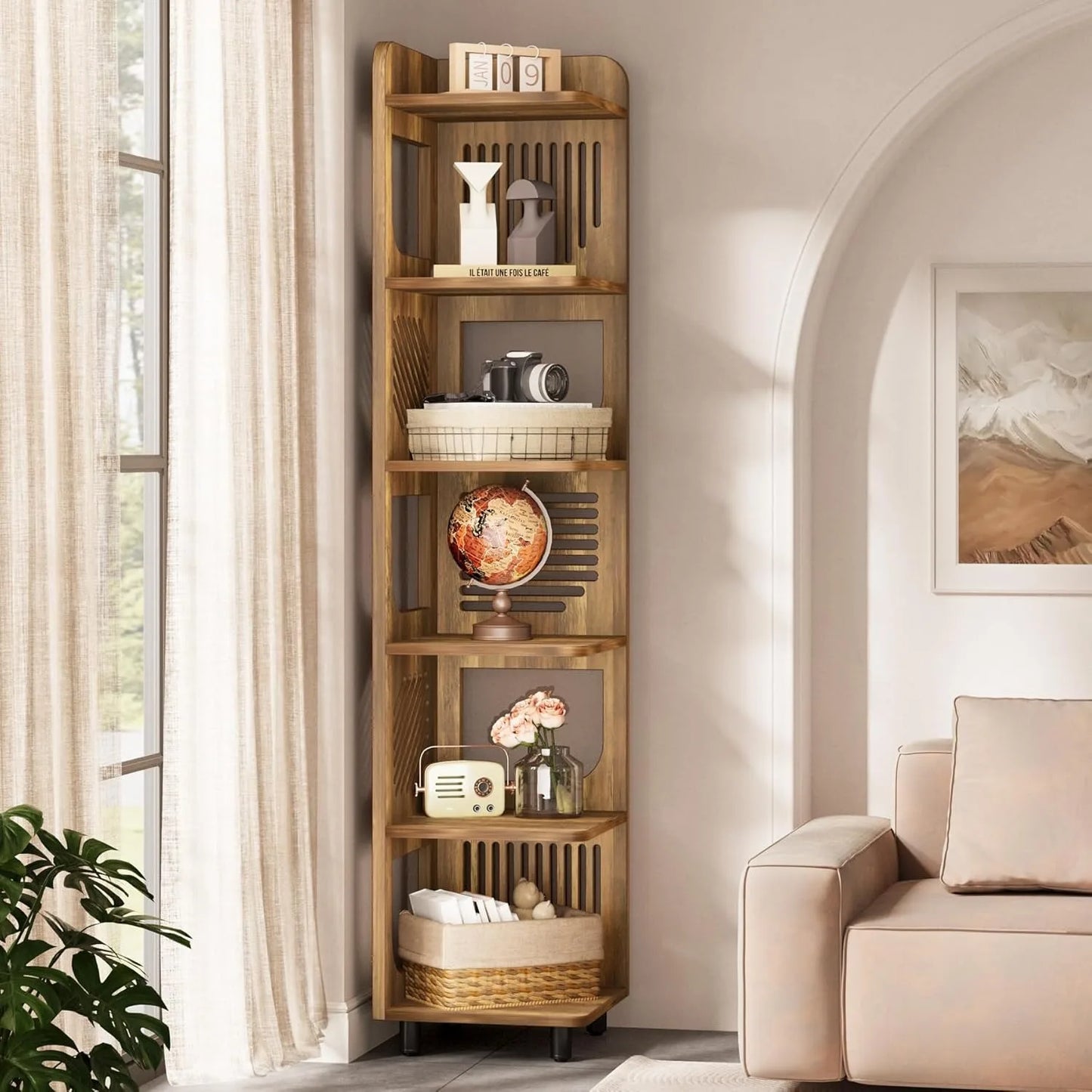 6-Tier Tall Corner Shelf Freestanding Bookcase Rustic Style