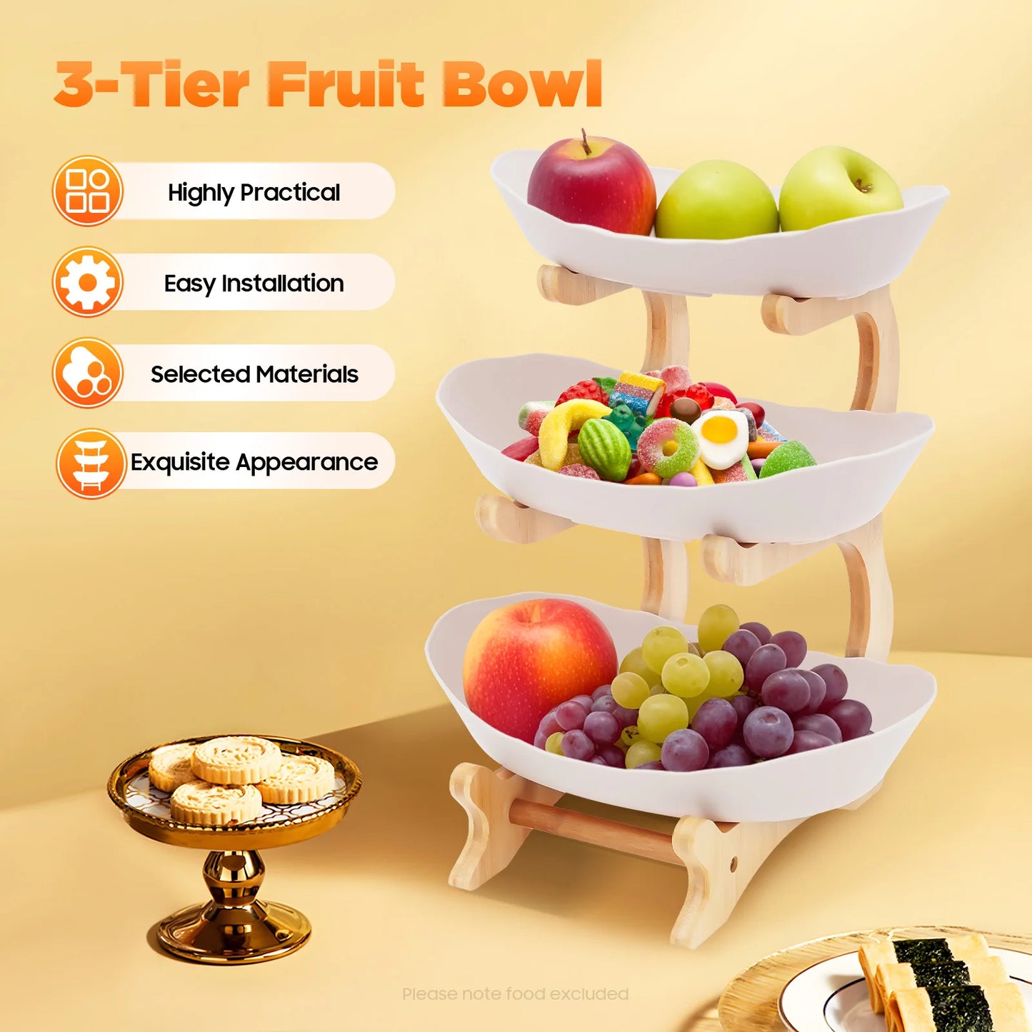 3-Tier Bamboo Wood Fruit Plate Stand for Parties and Desserts