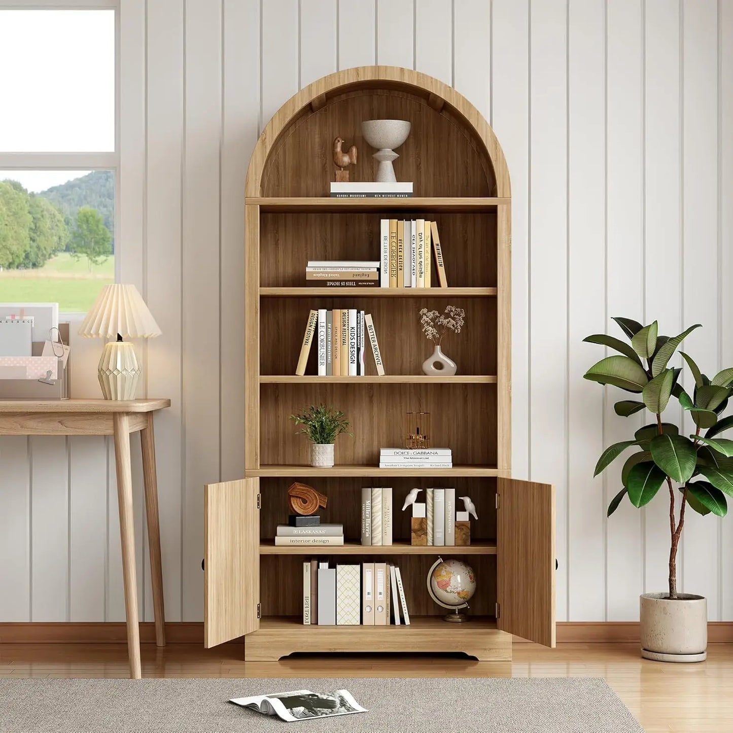 Arched Bookcase With Storage Door Included Six Tier Freestanding Cabinet