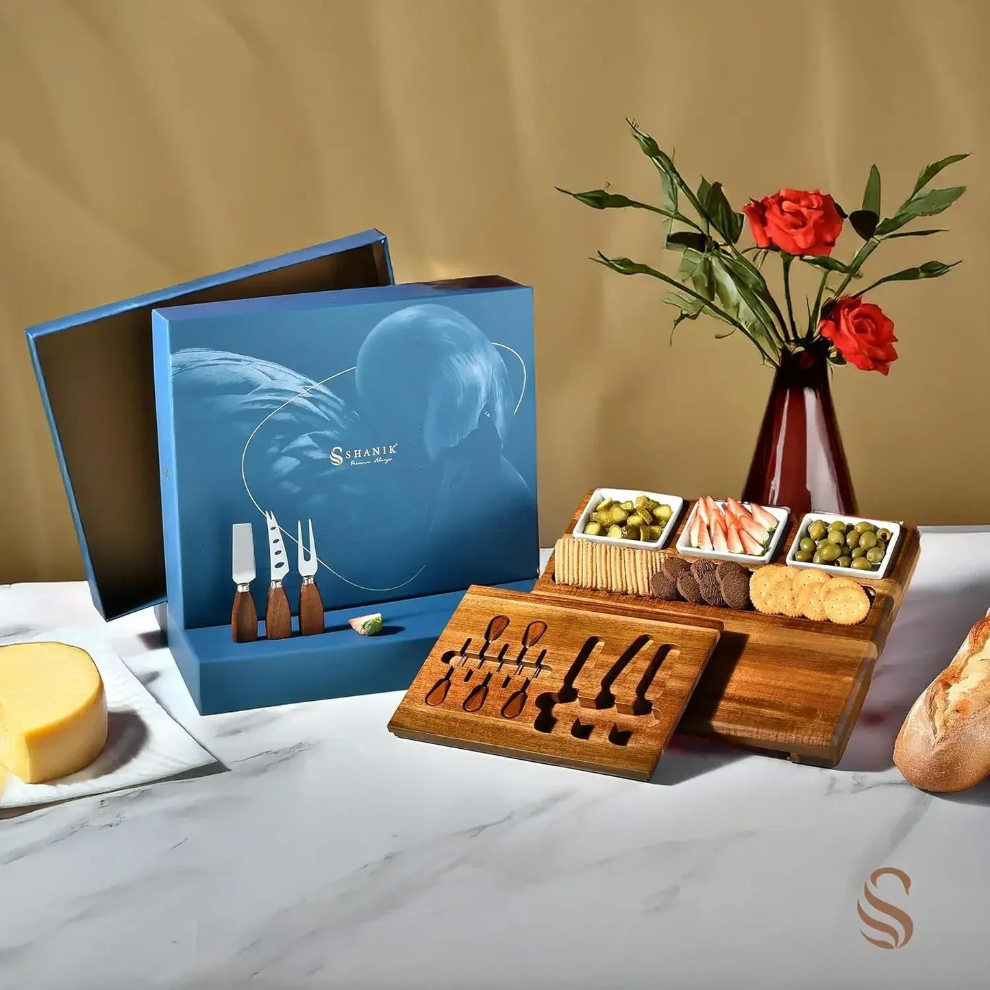 Acacia Wood Charcuterie Board Set With 3 Removable Ceramic Bowls