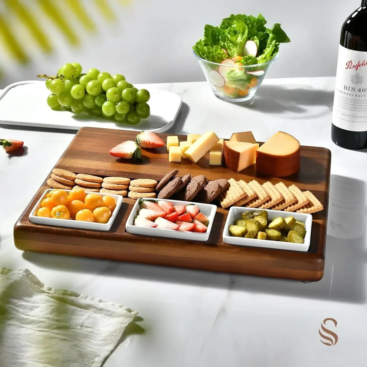 Acacia Wood Charcuterie Board Set With 3 Removable Ceramic Bowls
