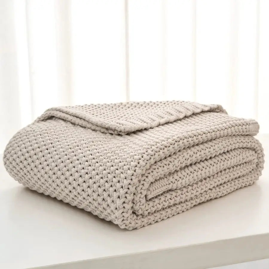 Cable Knit Throw Blanket Lightweight Beige 100 Organic Cotton Blanket for Sofa Couch Bed Baby Nursery, Rustic Shabby Chic Modern