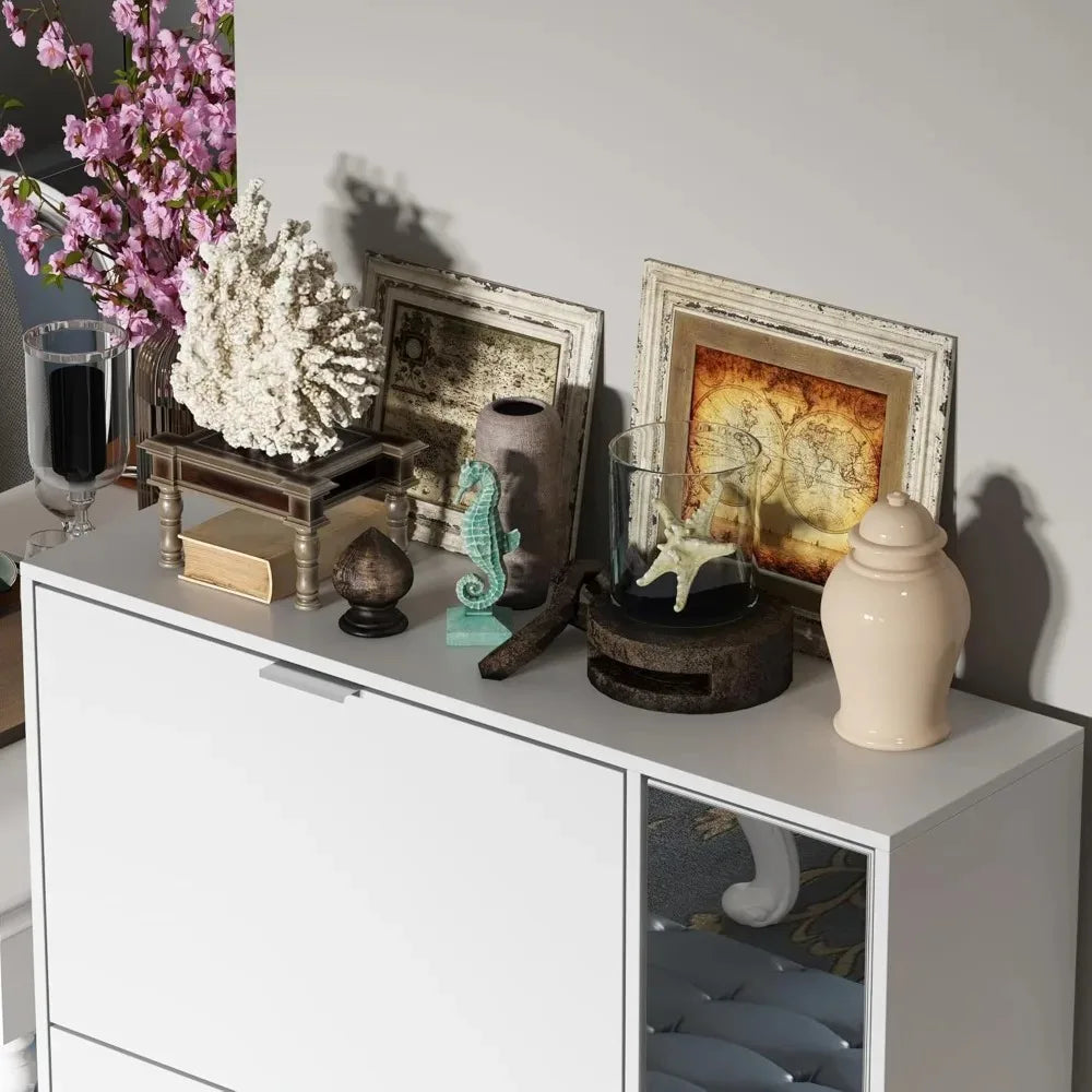 Modern Shoe Storage Cabinet With 4 Flip Drawers And Mirror
