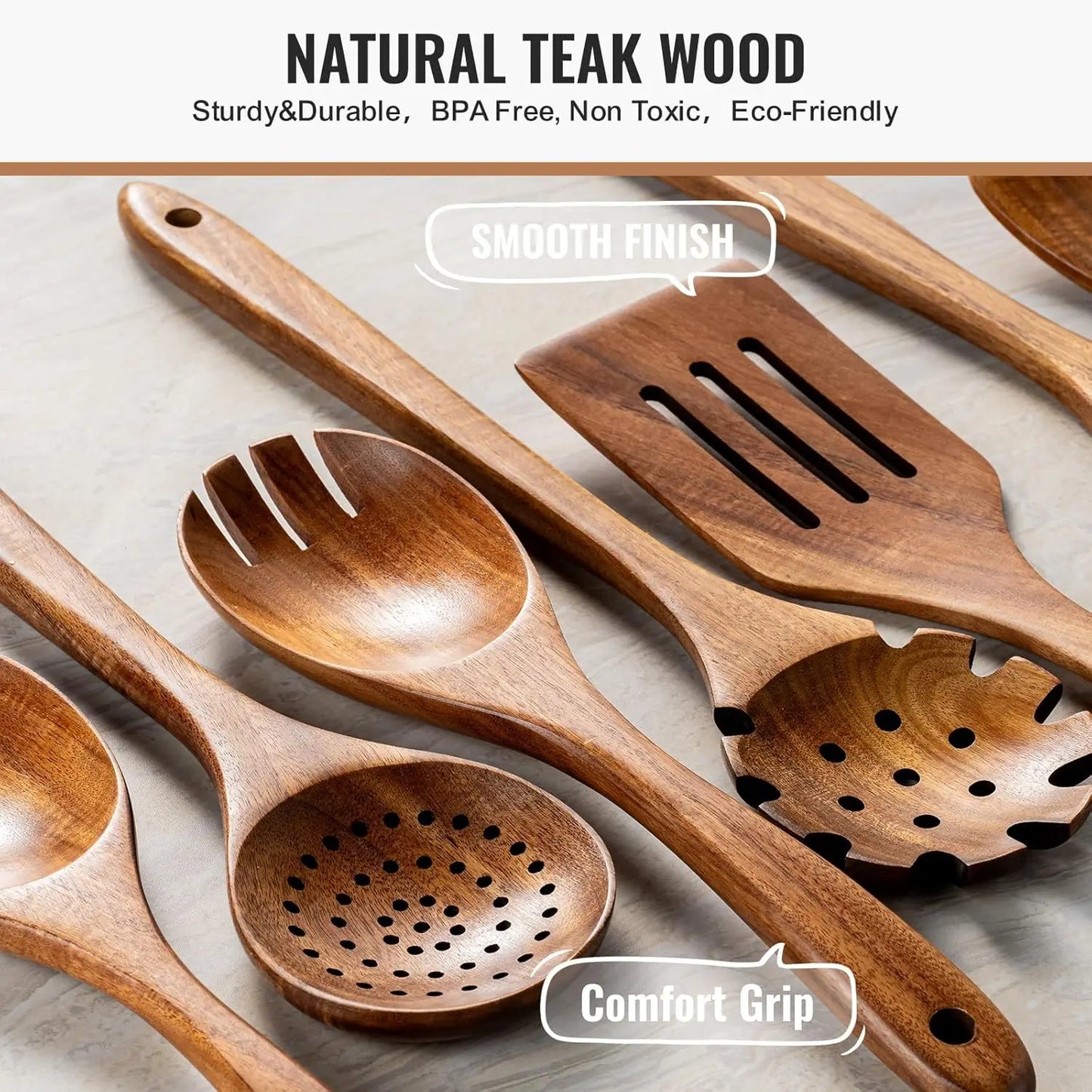 10-Piece Natural Teak Wooden Kitchen Utensil Set