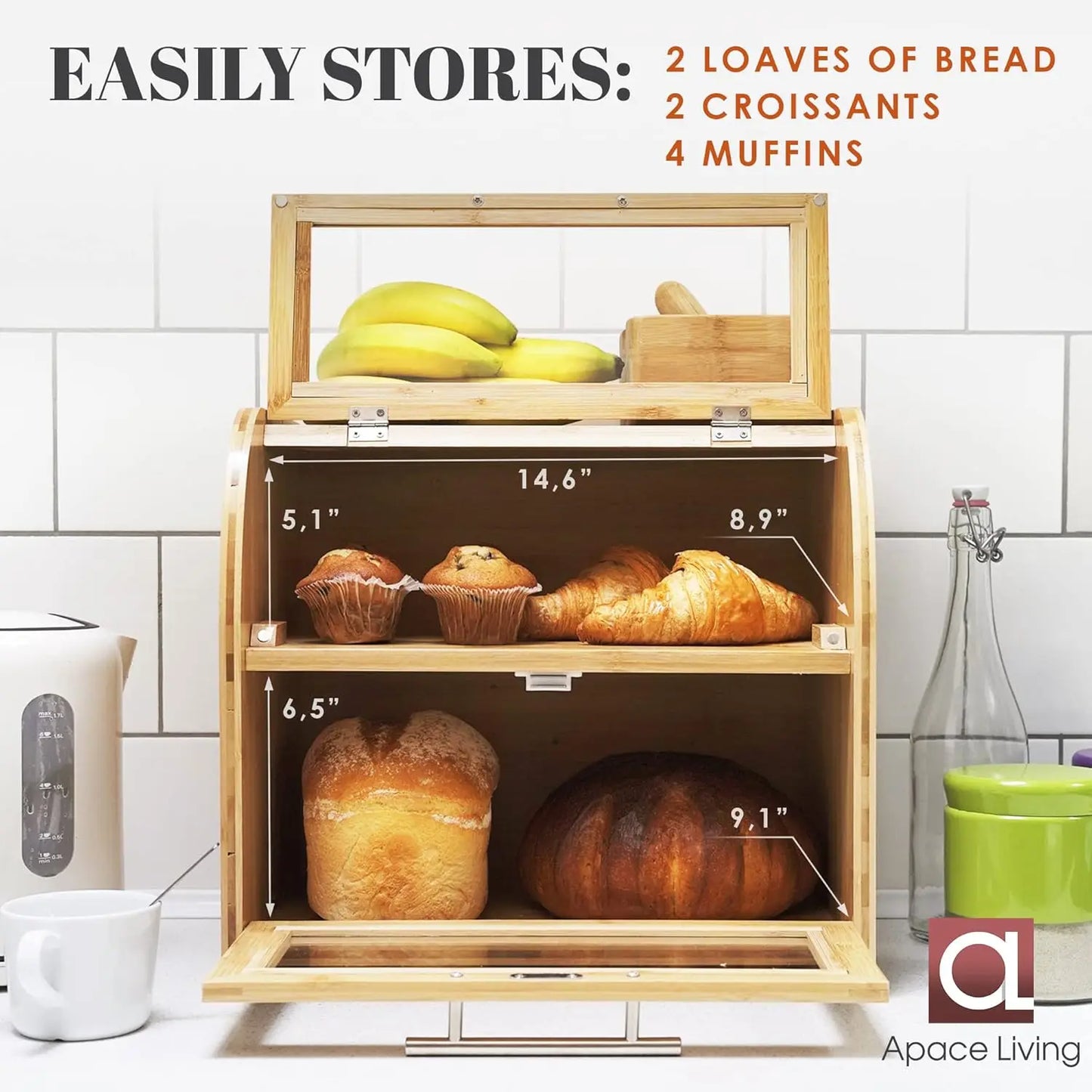 Bamboo Bread Box With Clear Windows And Air Vents Storage