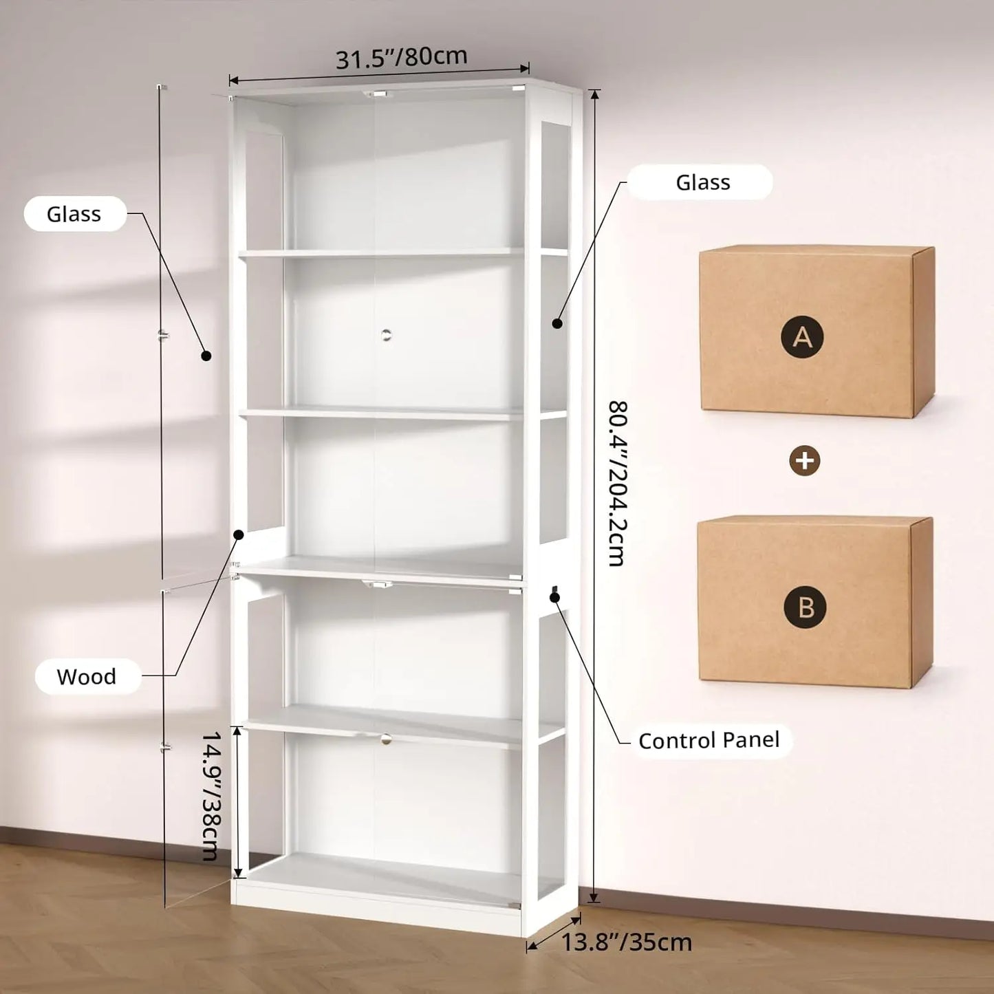 80'' Display Cabinet with Glass Door, 5-Tier Curio Cabinet for Collectibles Trophy, Glass Display Case with Human, Customized