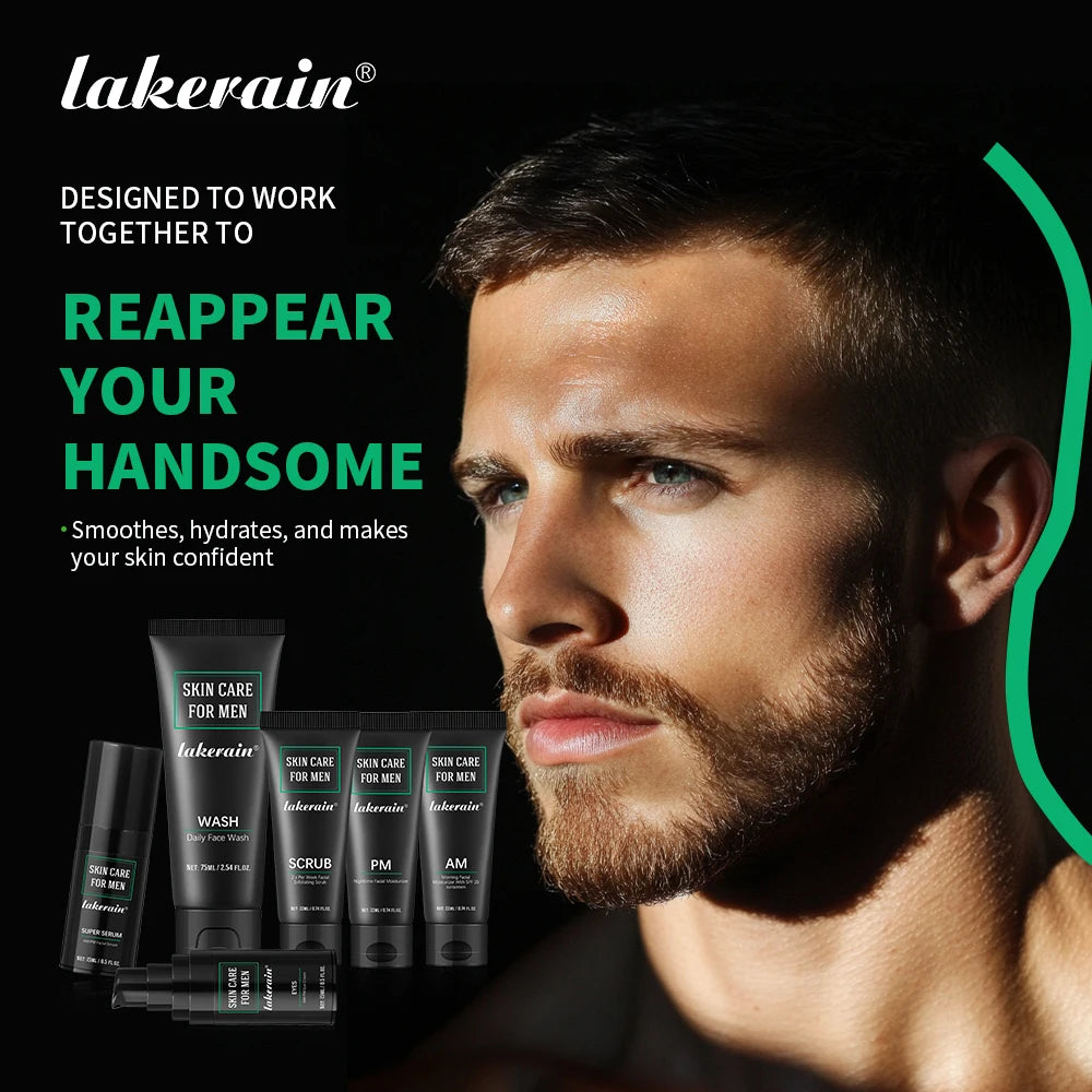 Lakerain Skin Care for Men Kit Oil Control Skin Firming Increase Hydrate Smooth Deep Cleaning Face Set Travel Skin Care Kit