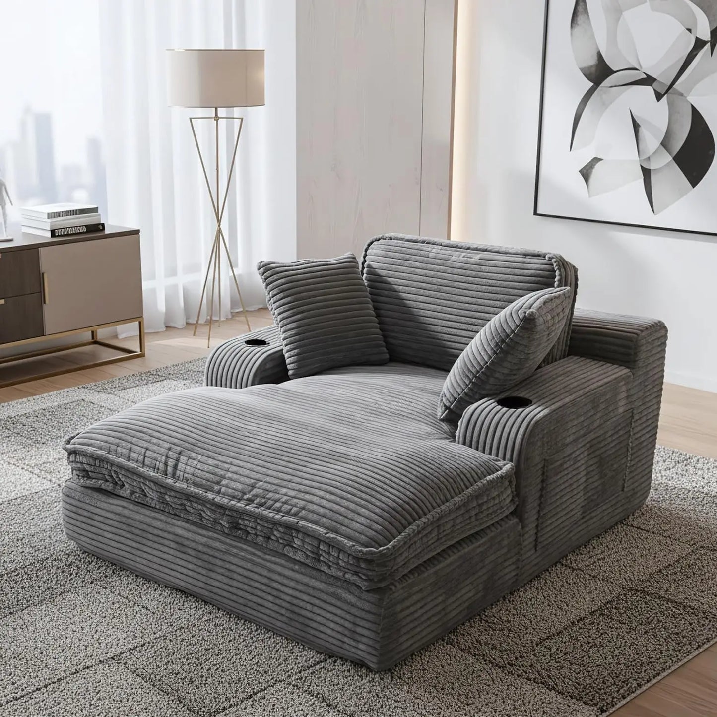 67" Oversized Chaise Lounge Chair Indoor, Soft Boneless Cloud Couch with 3 Pillows, 4 Side Pockets and 2 Cup, Customized