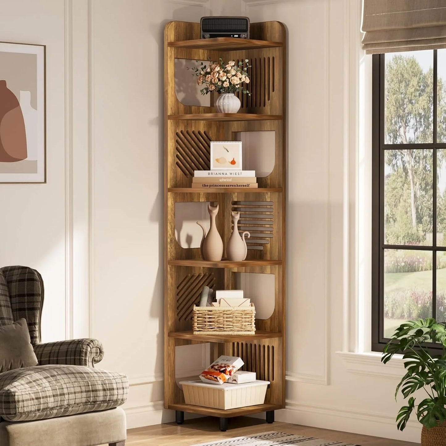 6-Tier Tall Corner Shelf Freestanding Bookcase Rustic Style