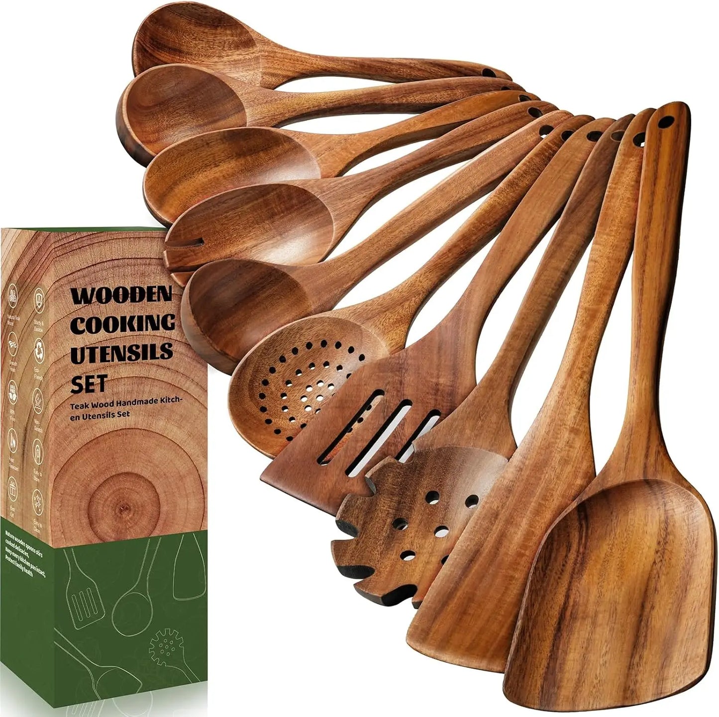 10-Piece Natural Teak Wooden Kitchen Utensil Set