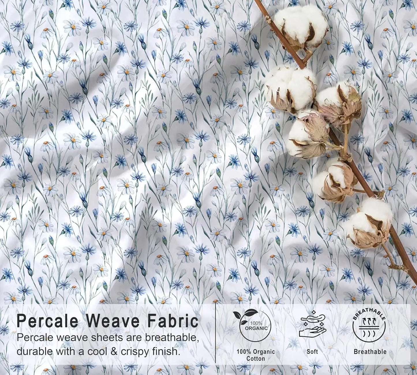 Queen Size Organic Cotton Sheets, Percale Weave, GOTS Certified, 4-Piece Set with Deep Pocket, Crisp & Breathable Bedding