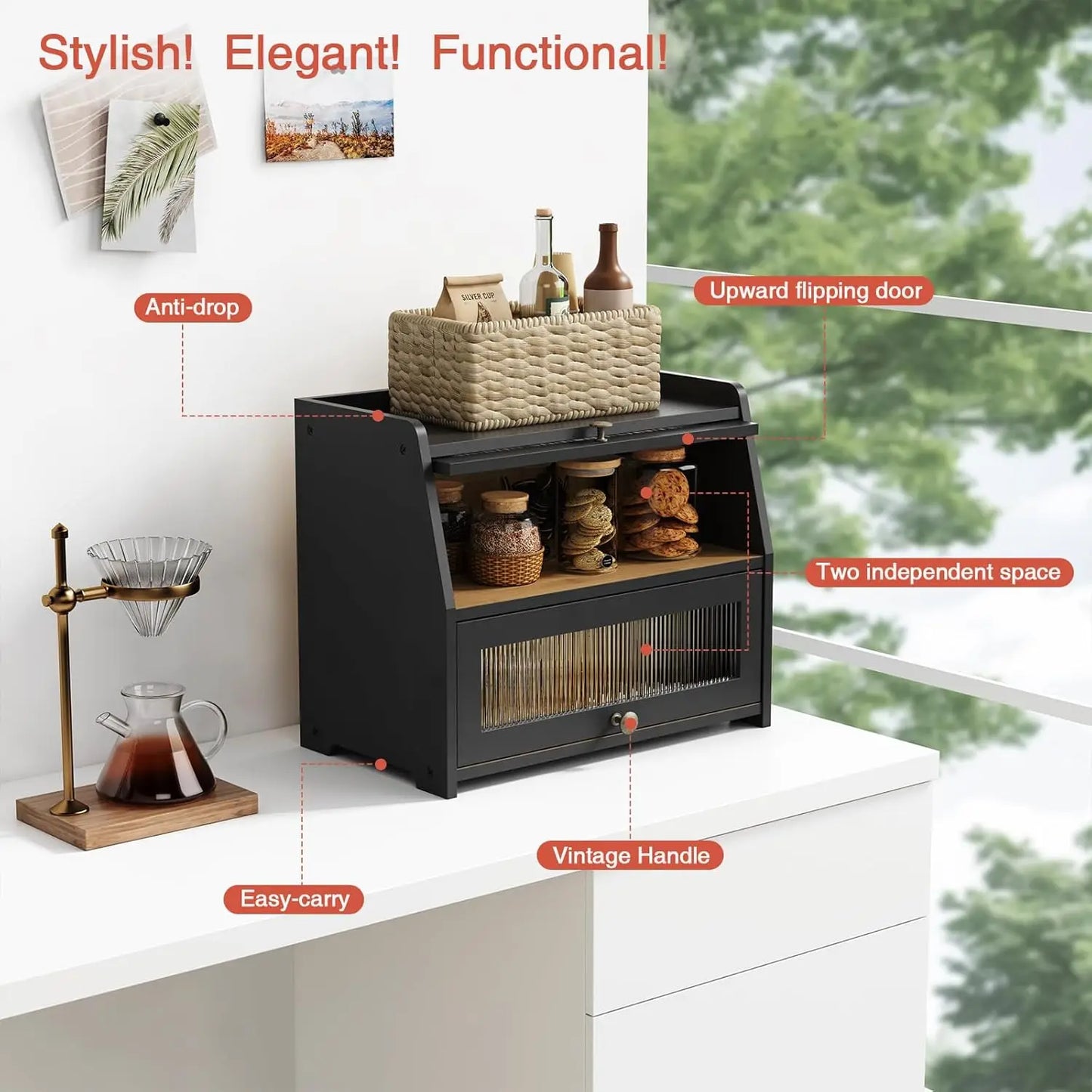Large Black Bread Box with Double Layer Storage, Farmhouse Style for Kitchen Countertop