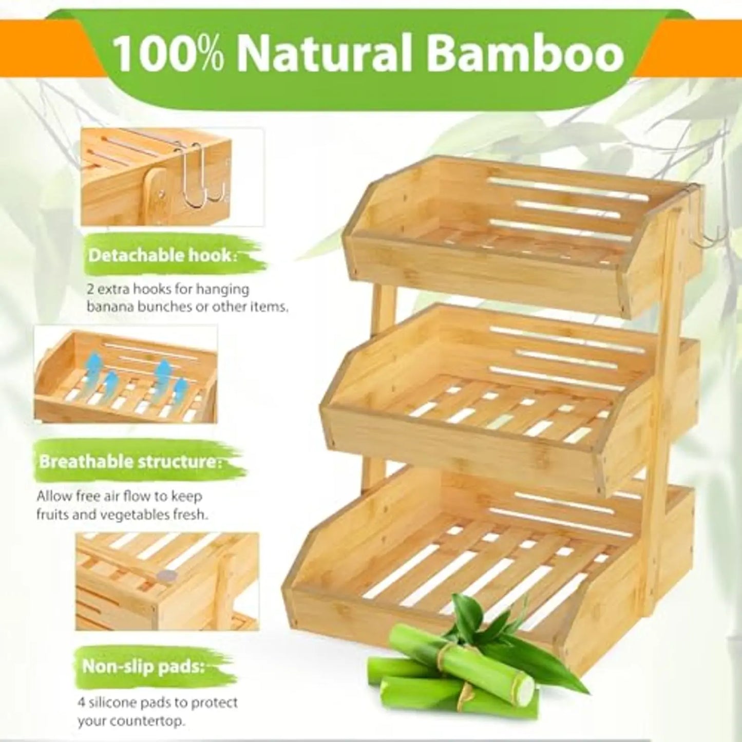 Bamboo 3 Tier Kitchen Fruit Basket With Banana Hangers