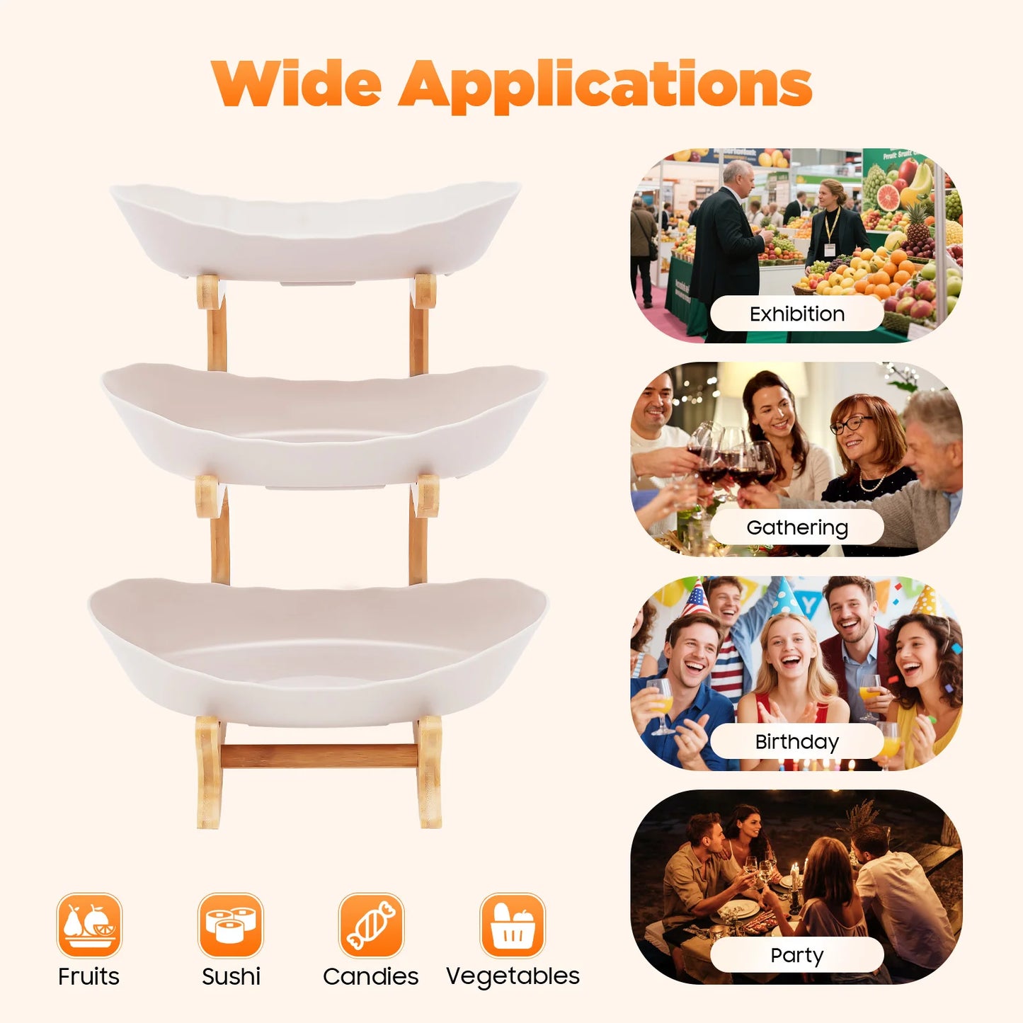 3-Tier Bamboo Wood Fruit Plate Stand for Parties and Desserts