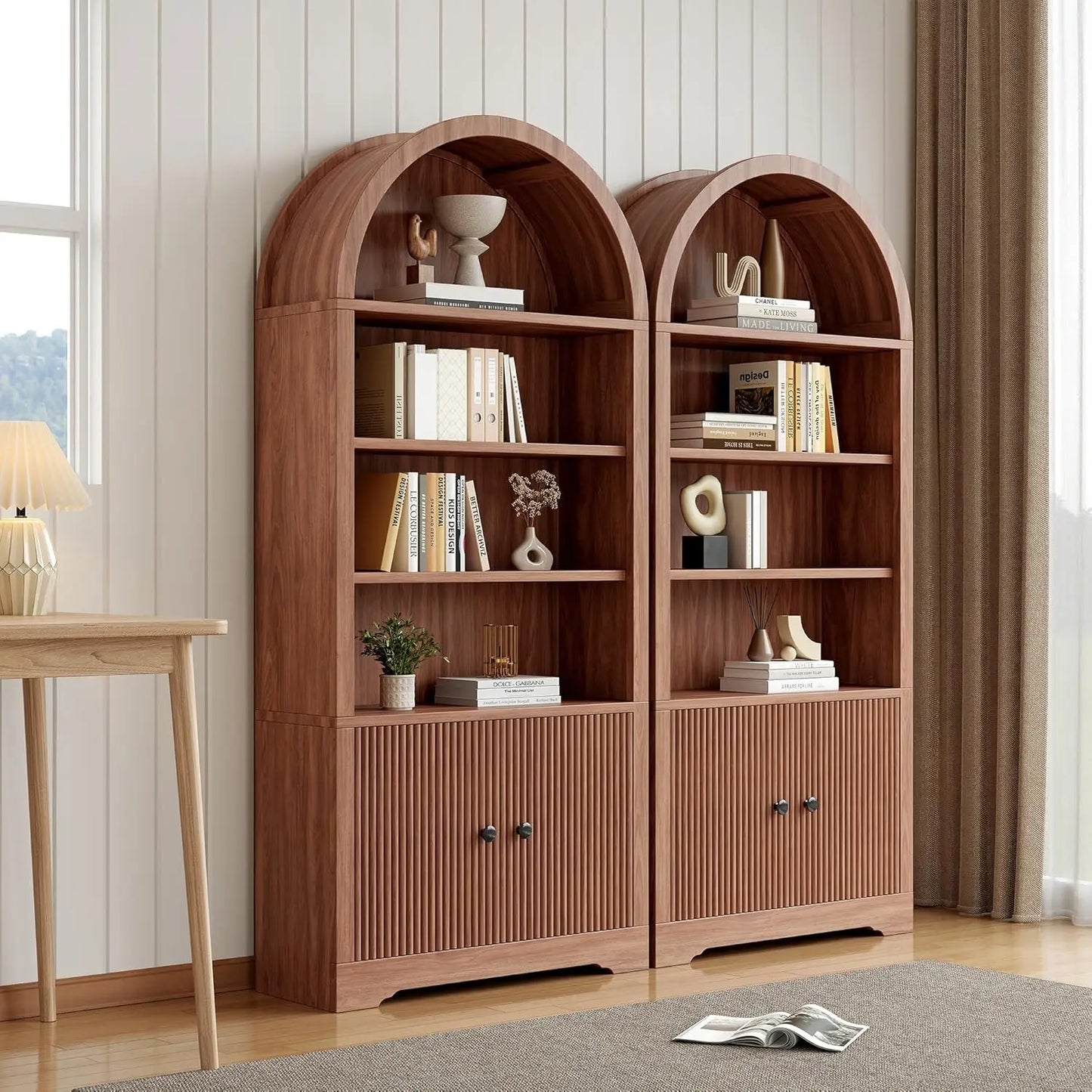 Arched Bookcase With Storage Door Included Six Tier Freestanding Cabinet