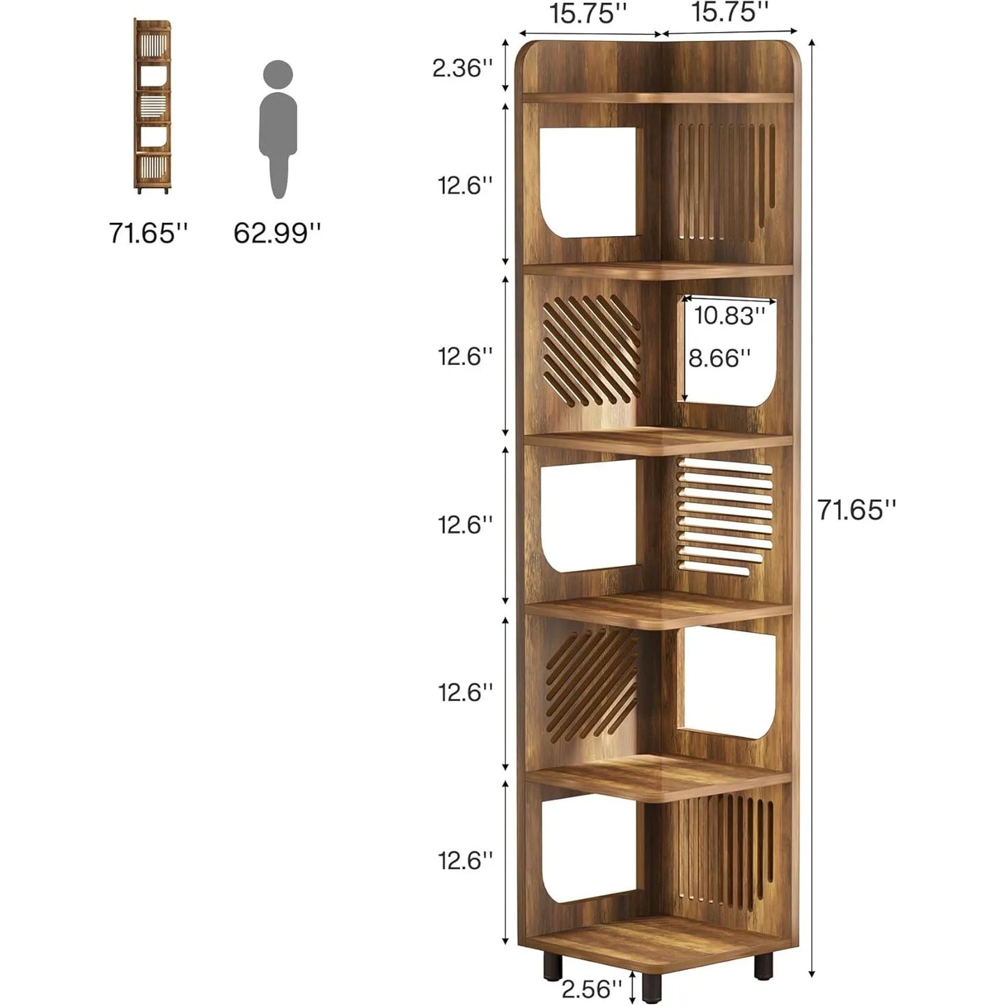 6-Tier Tall Corner Shelf Freestanding Bookcase Rustic Style
