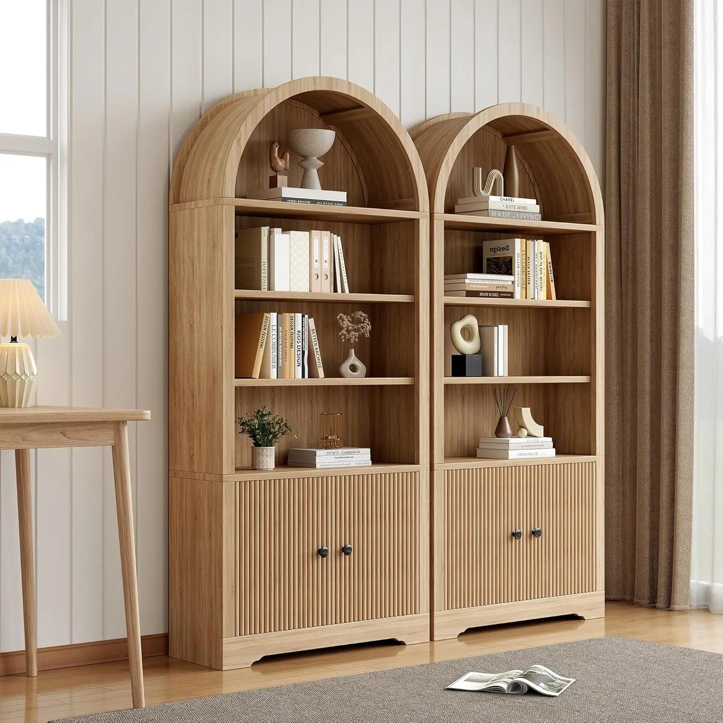 Arched Bookcase With Storage Door Included Six Tier Freestanding Cabinet