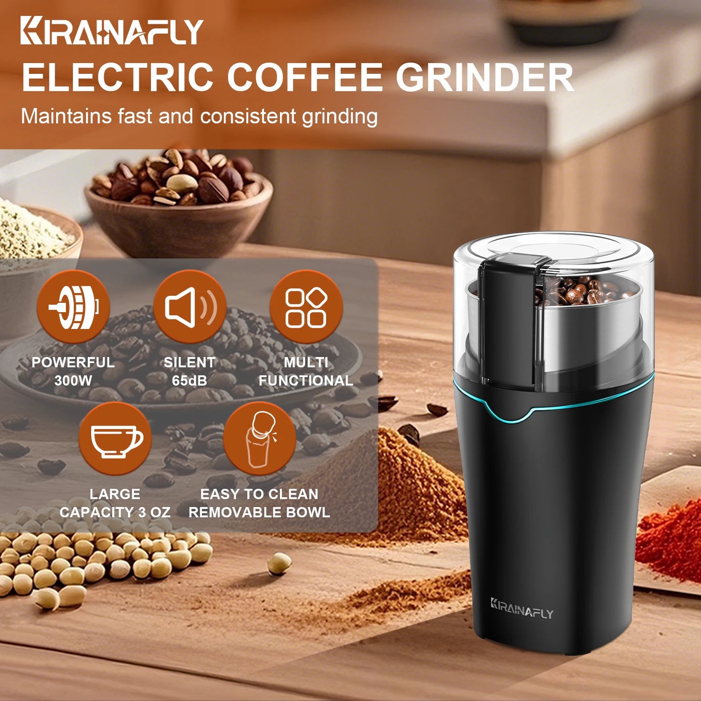 KIRAINAFLY 300W Electric Coffee Grinder With Removable Stainless Steel Cup