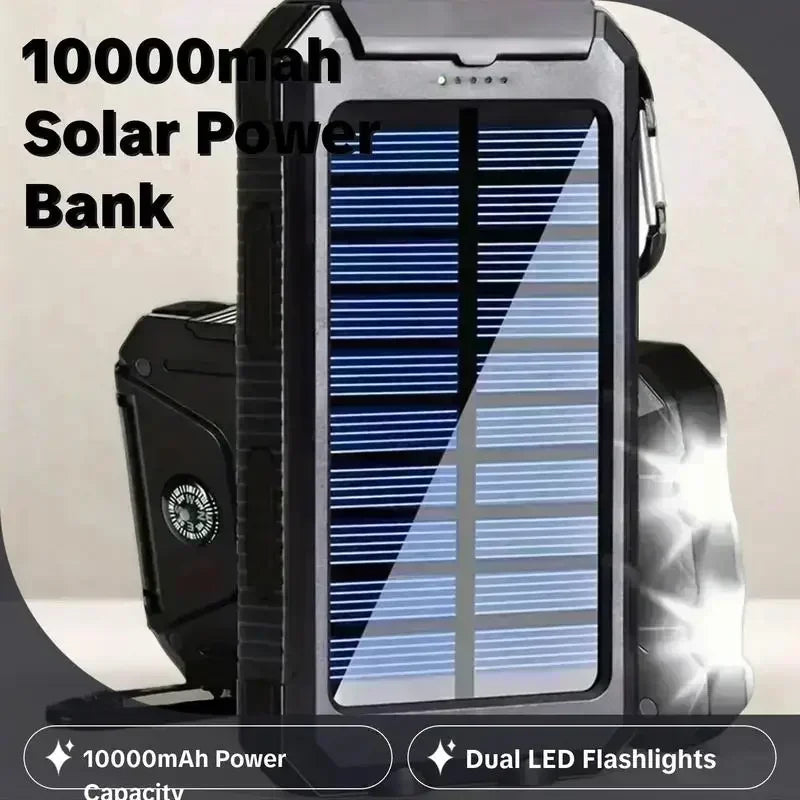Solar Power Bank 10000mAh Fast Charging Dual USB IP65 Waterproof Shockproof External Charger