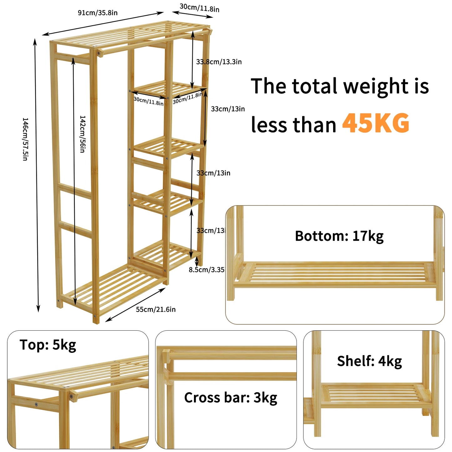 6-Tier Bamboo Garment Rack Open Wardrobe With Hanging Cover