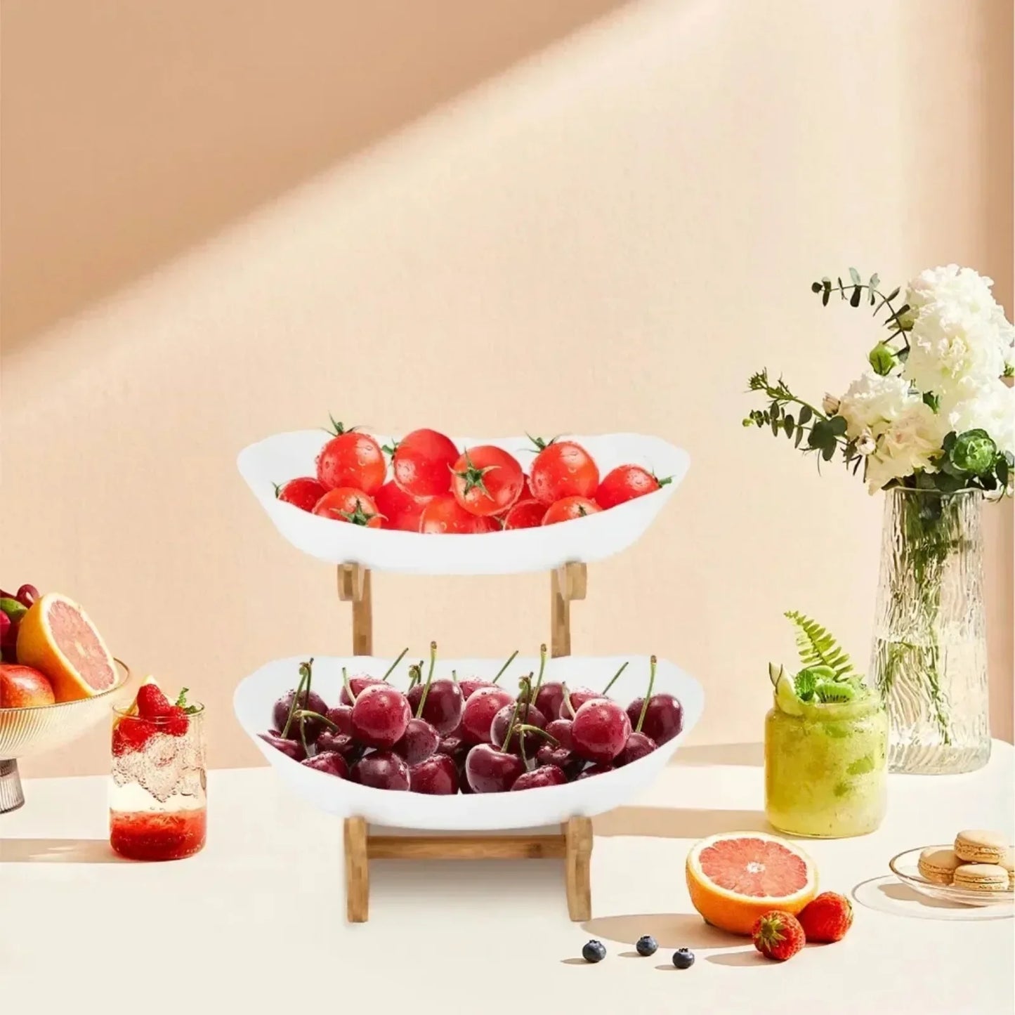 Two Tier Fruit Bowl With Bamboo Frame And Two PP Bowls