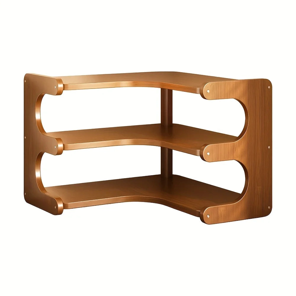 Three-Tier Bamboo Corner Desk Shelf Organizer For Plants Books