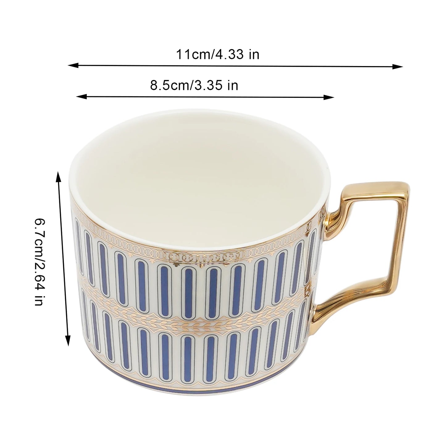 4 Pack European Style Cup and Saucer Set, 7Oz Porcelain Beautifully Glazed Blue Stripes Tea Cup and Saucer, Golden Spoon, Mug