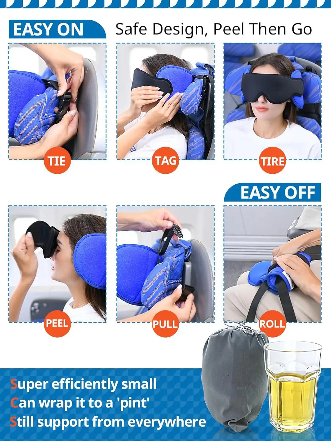 Travel Pillow For Airplanes With Eye Mask And Head Strap 360 Degree Support