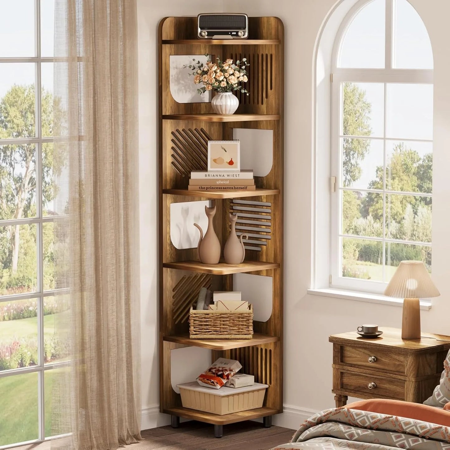 6-Tier Tall Corner Shelf Freestanding Bookcase Rustic Style