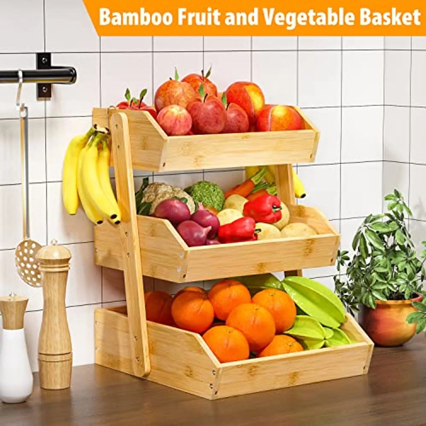 Bamboo 3 Tier Kitchen Fruit Basket With Banana Hangers