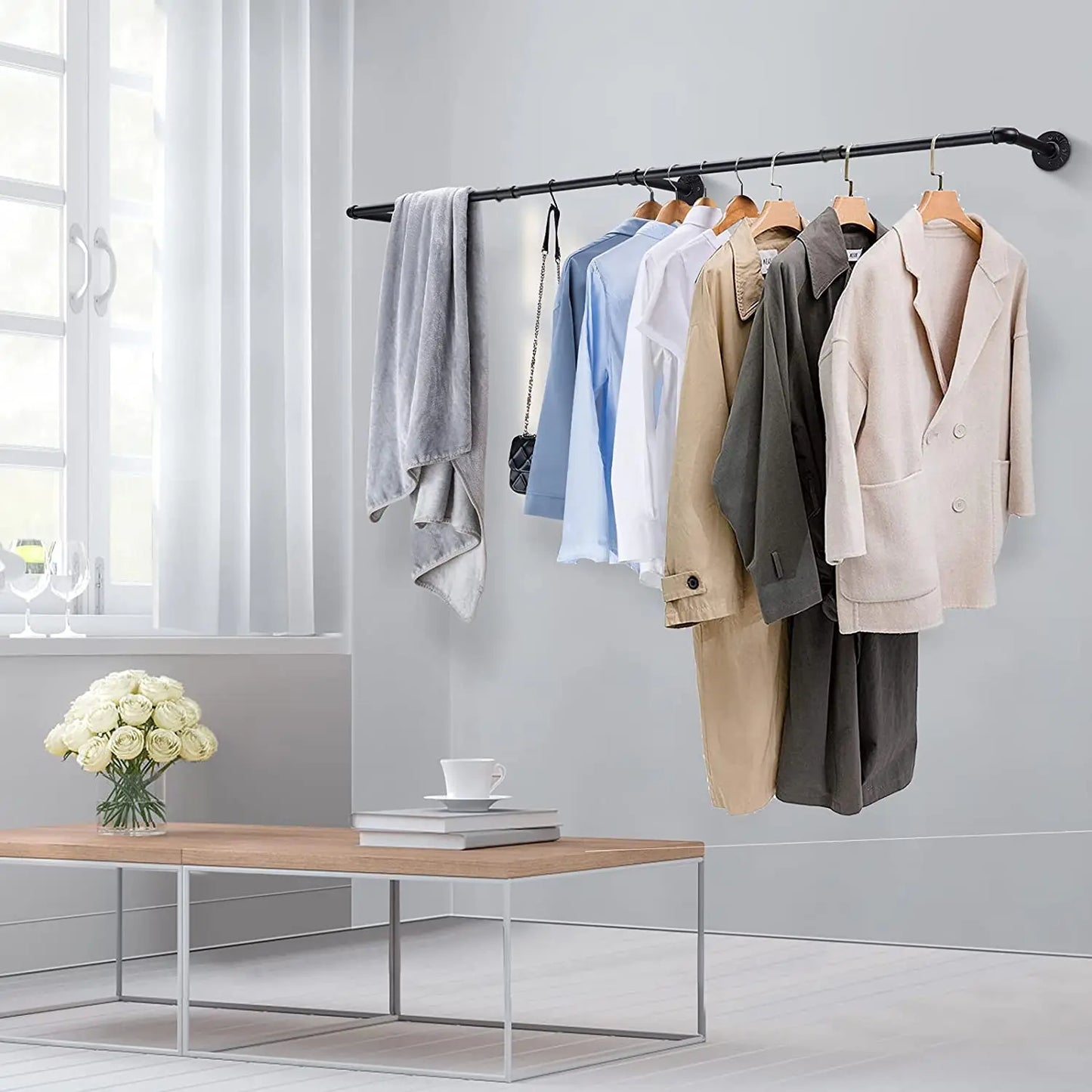 Industrial Pipe Clothes Rack Wall Mounted Garment Rail With Hooks