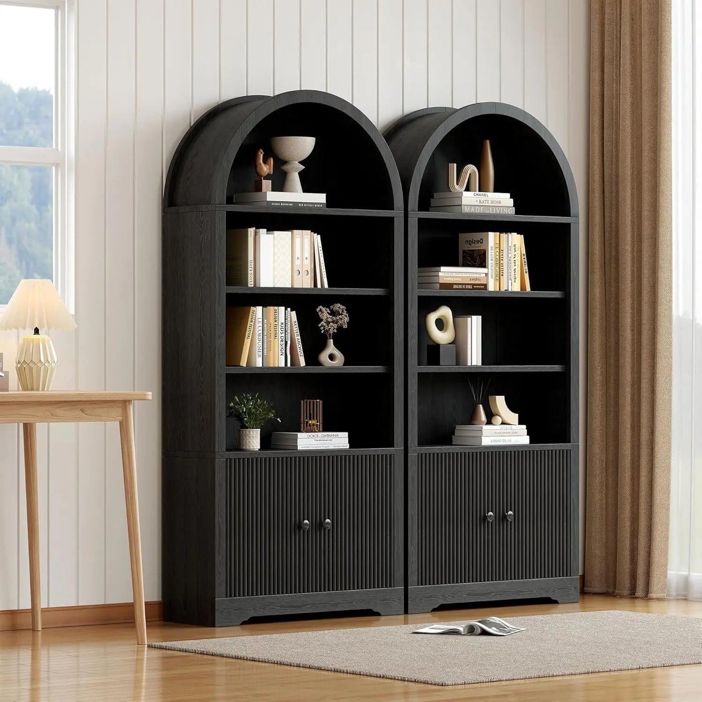 Arched Bookcase With Storage Door Included Six Tier Freestanding Cabinet