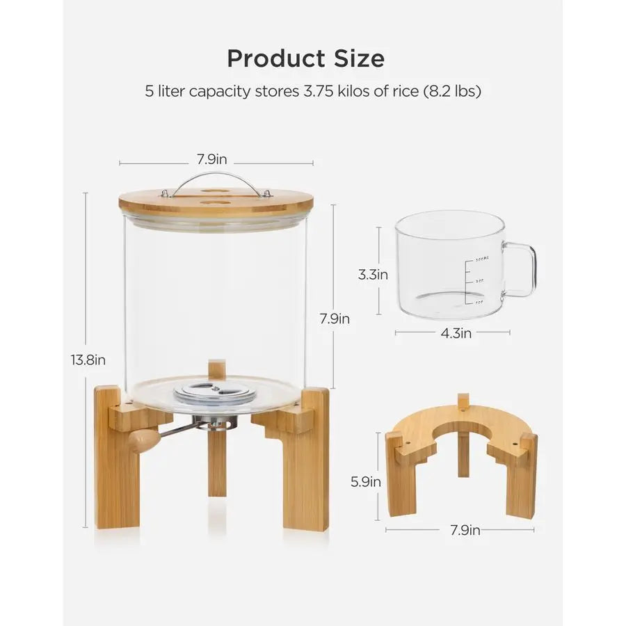 Glass Rice Dispenser With Wooden Stand And Measuring Cup