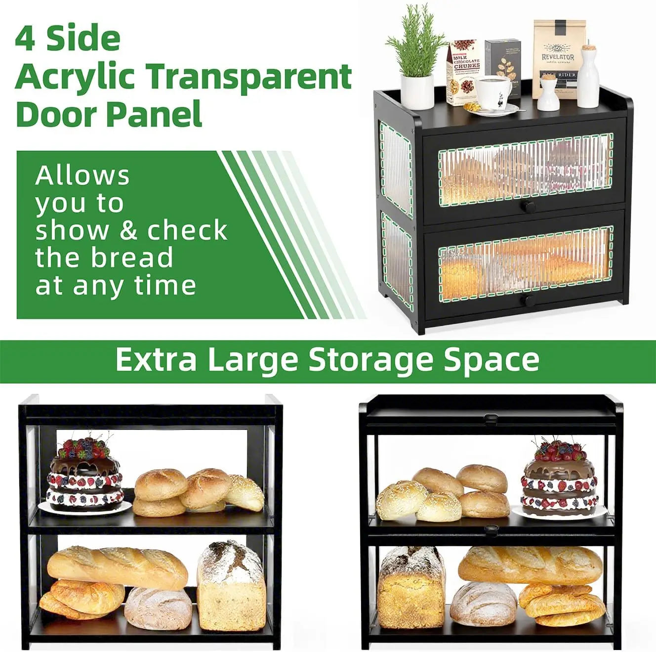 Bamboo Bread Box With 360 Degree Transparent Sides And Window