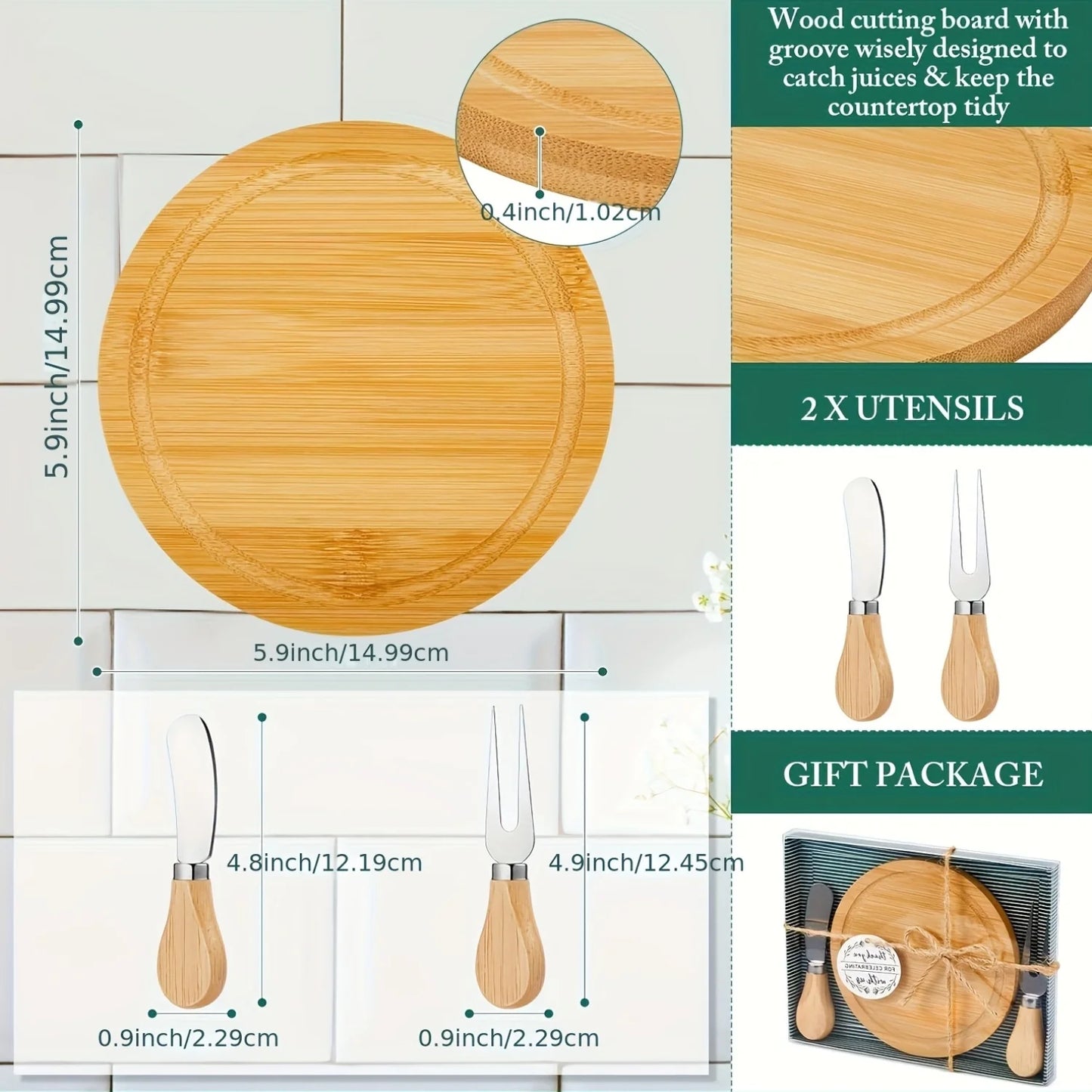 Bamboo Circular Cheese Board Set With Knife And Fork
