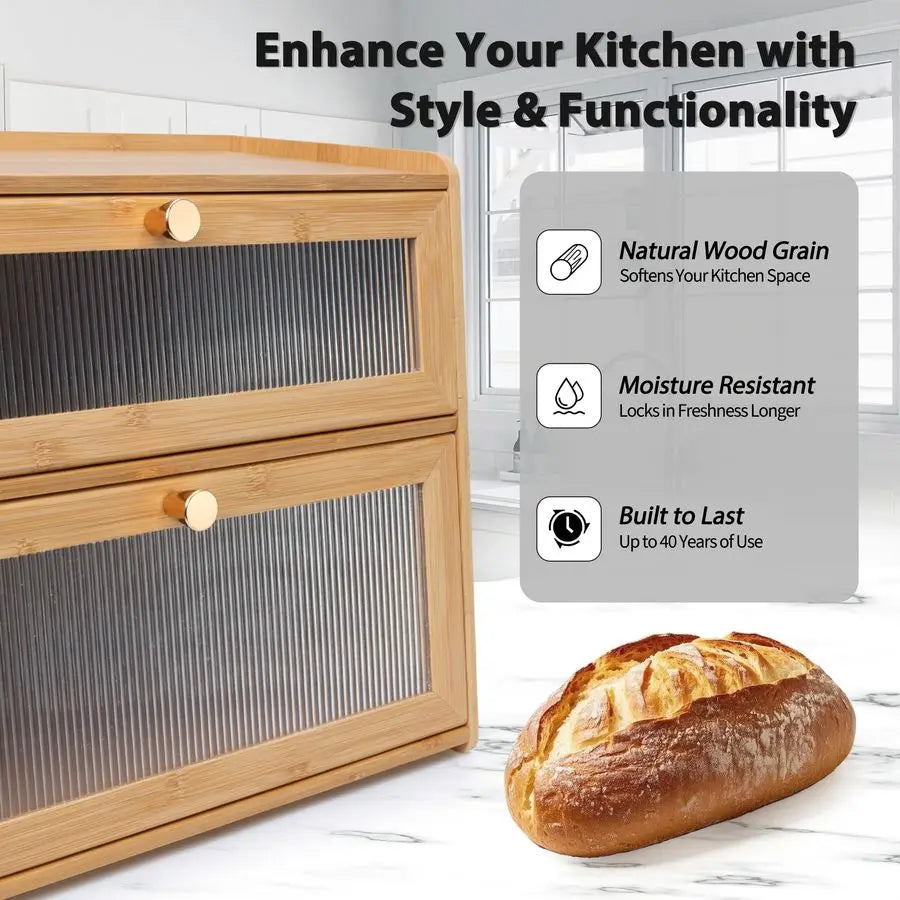 XMSJ Bamboo Bread Box Two-Tier With Window Large Capacity