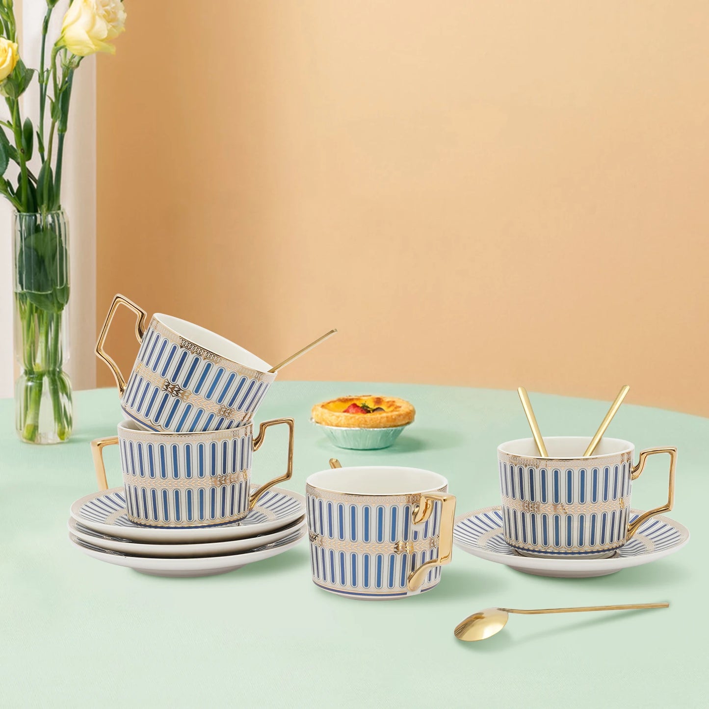 4 Pack European Style Cup and Saucer Set, 7Oz Porcelain Beautifully Glazed Blue Stripes Tea Cup and Saucer, Golden Spoon, Mug