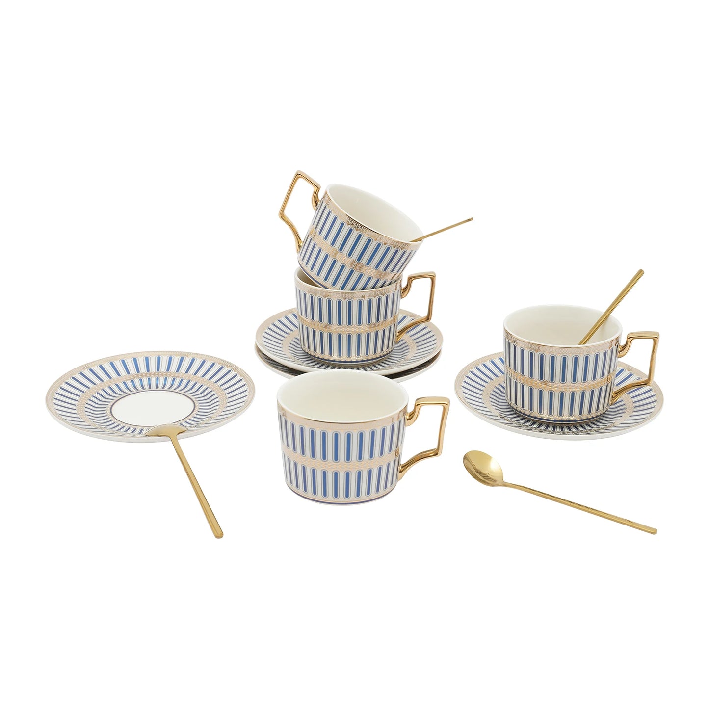 4 Pack European Style Cup and Saucer Set, 7Oz Porcelain Beautifully Glazed Blue Stripes Tea Cup and Saucer, Golden Spoon, Mug