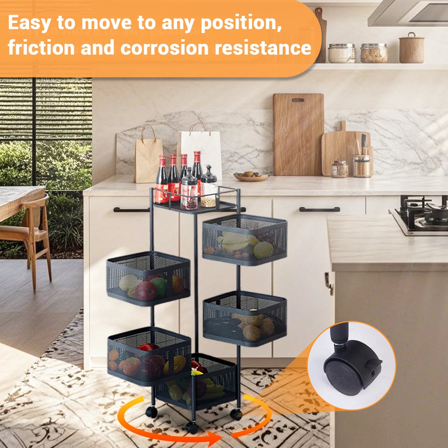 HobbyLane Five Layer Rotatable Trolley Storage Rack Steel Kitchen Organizer