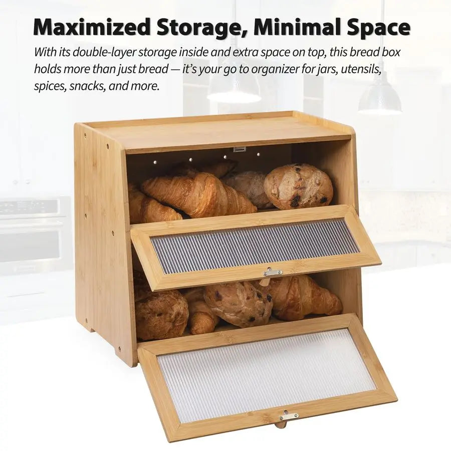 XMSJ Bamboo Bread Box Two-Tier With Window Large Capacity