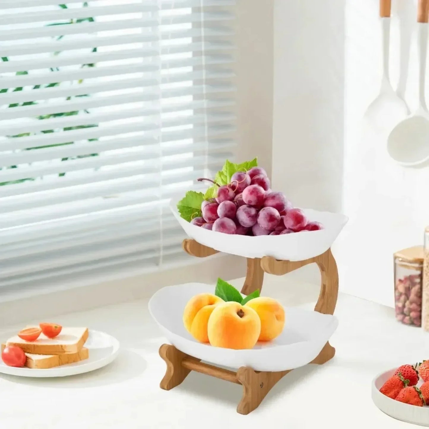 Two Tier Fruit Bowl With Bamboo Frame And Two PP Bowls